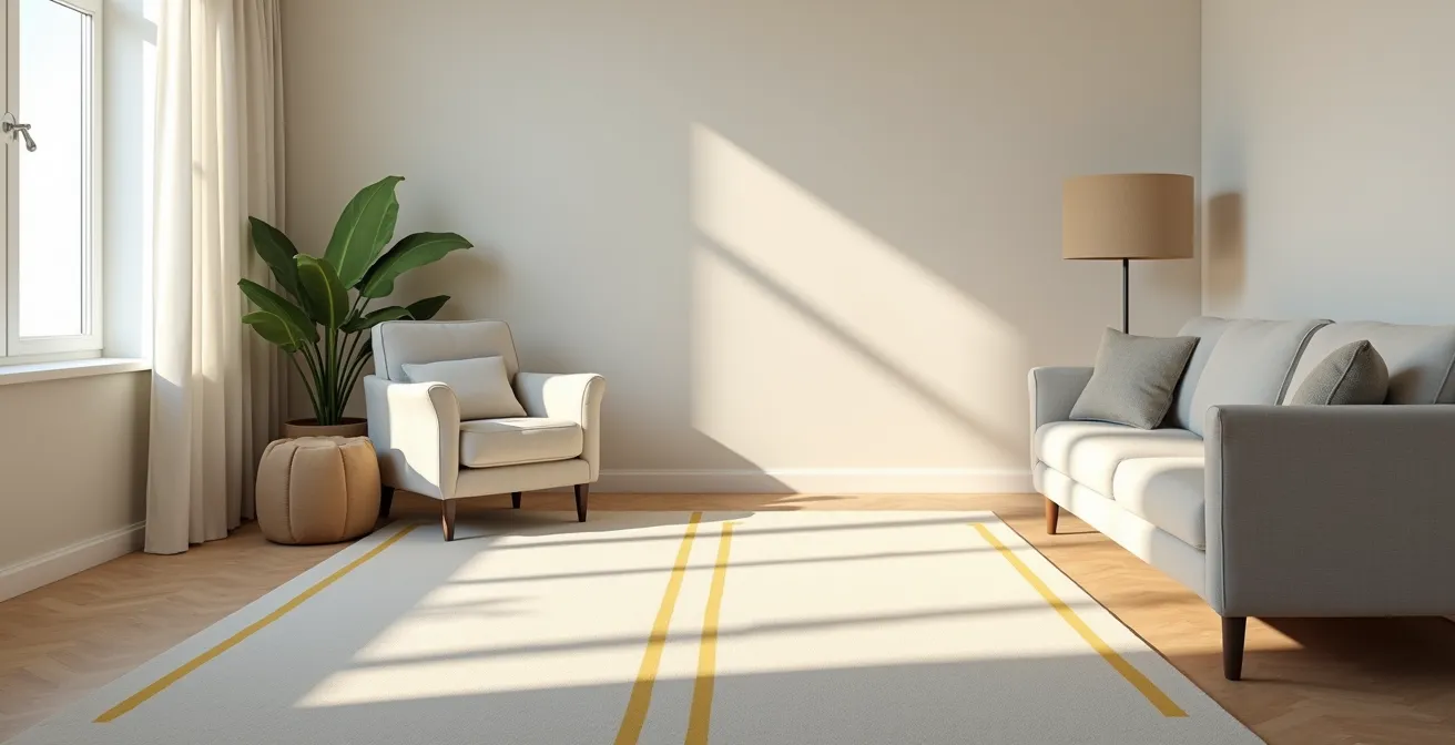 Wide view of adapted living space with raised furniture, clear pathways, and safety modifications for elderly hip fracture recovery