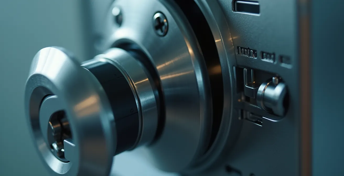 Close-up macro shot of a secure locking mechanism on a medication dispenser, showing metal components and safety features