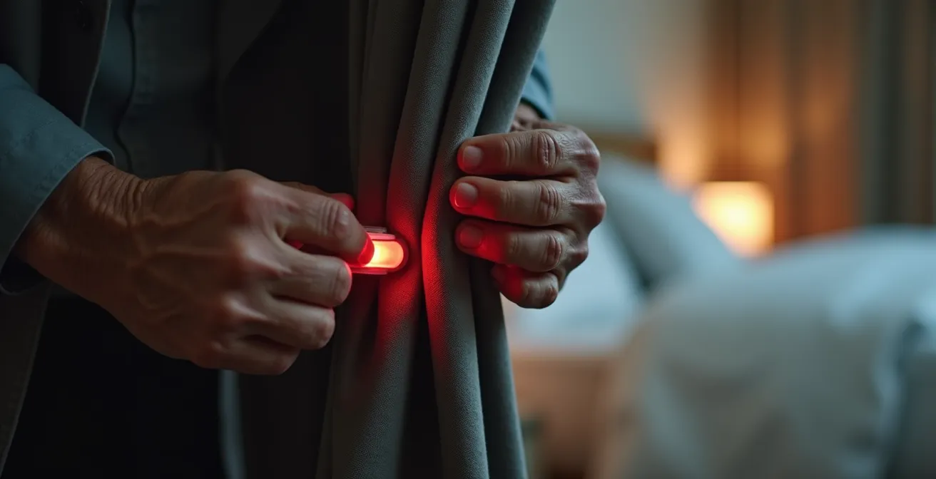Close-up of hands installing blackout curtains with motion-activated red nightlight visible