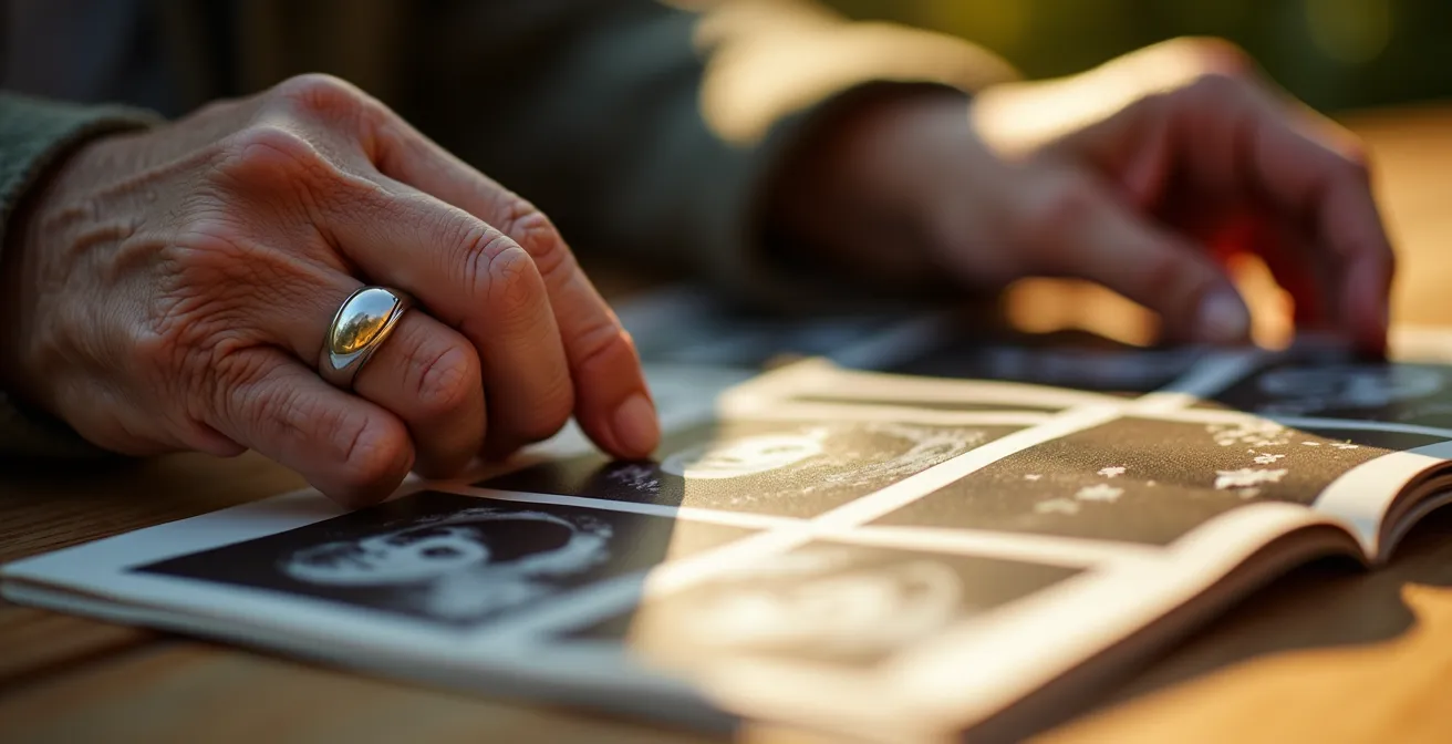 Close-up of hands sorting photographs on wooden table in warm afternoon light