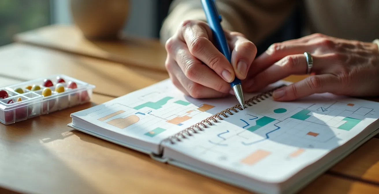 Close-up of a senior's hands tracking their daily energy levels in a journal with abstract color patterns.
