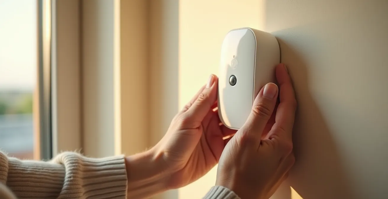Elderly hands placing a wireless motion sensor light on a hallway wall
