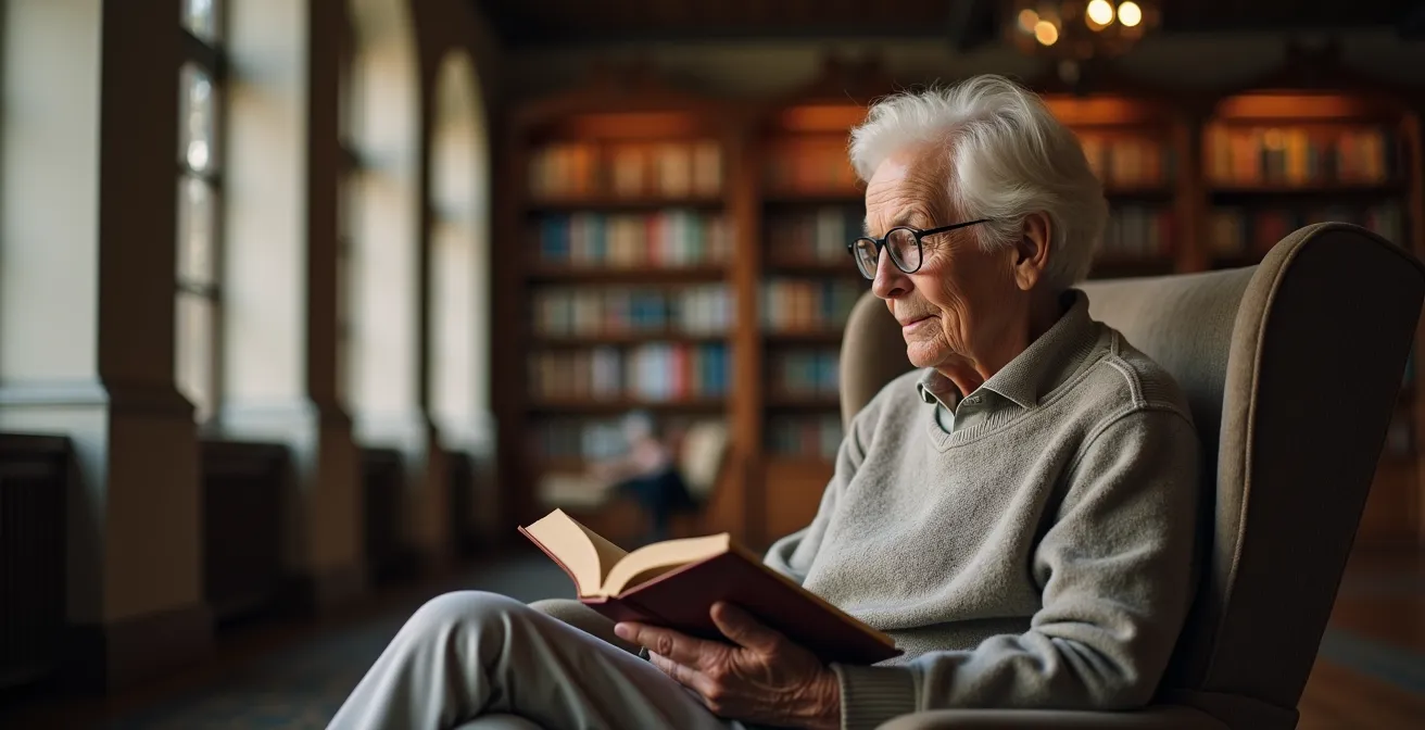 Senior person peacefully reading in a quiet corner of a library with soft natural lighting