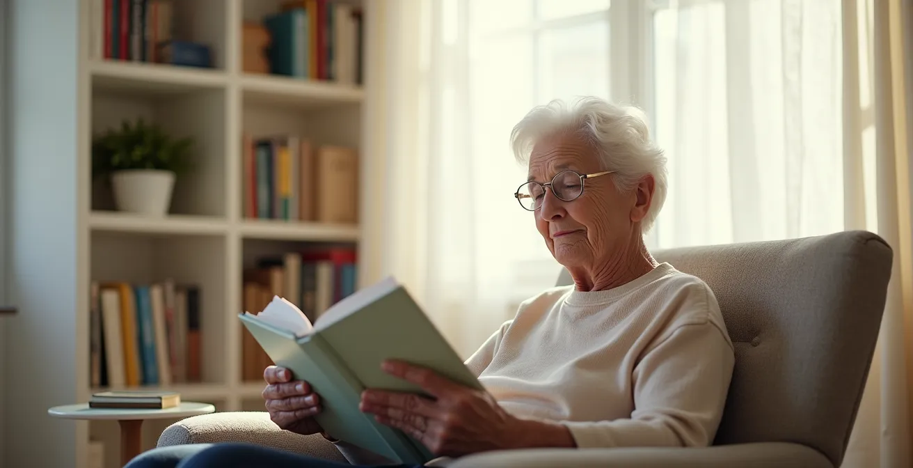 An elderly person in a bright room participating in a virtual book club using a tablet.