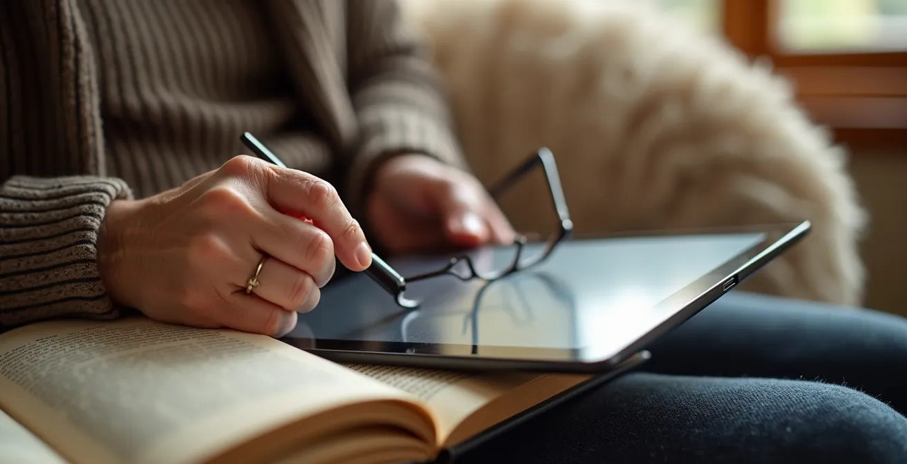 Elderly woman participating in video book club on tablet in cozy reading nook