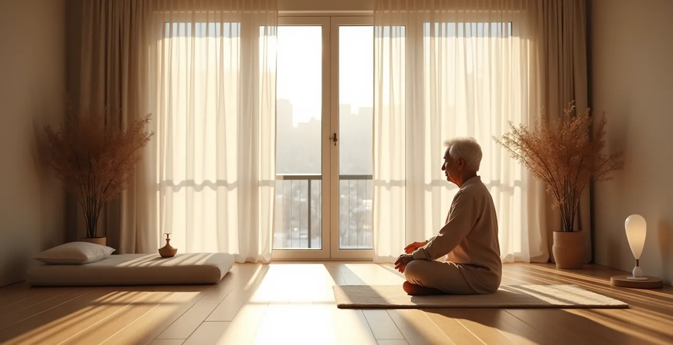 Wide shot of serene senior meditation space with natural light streaming through windows