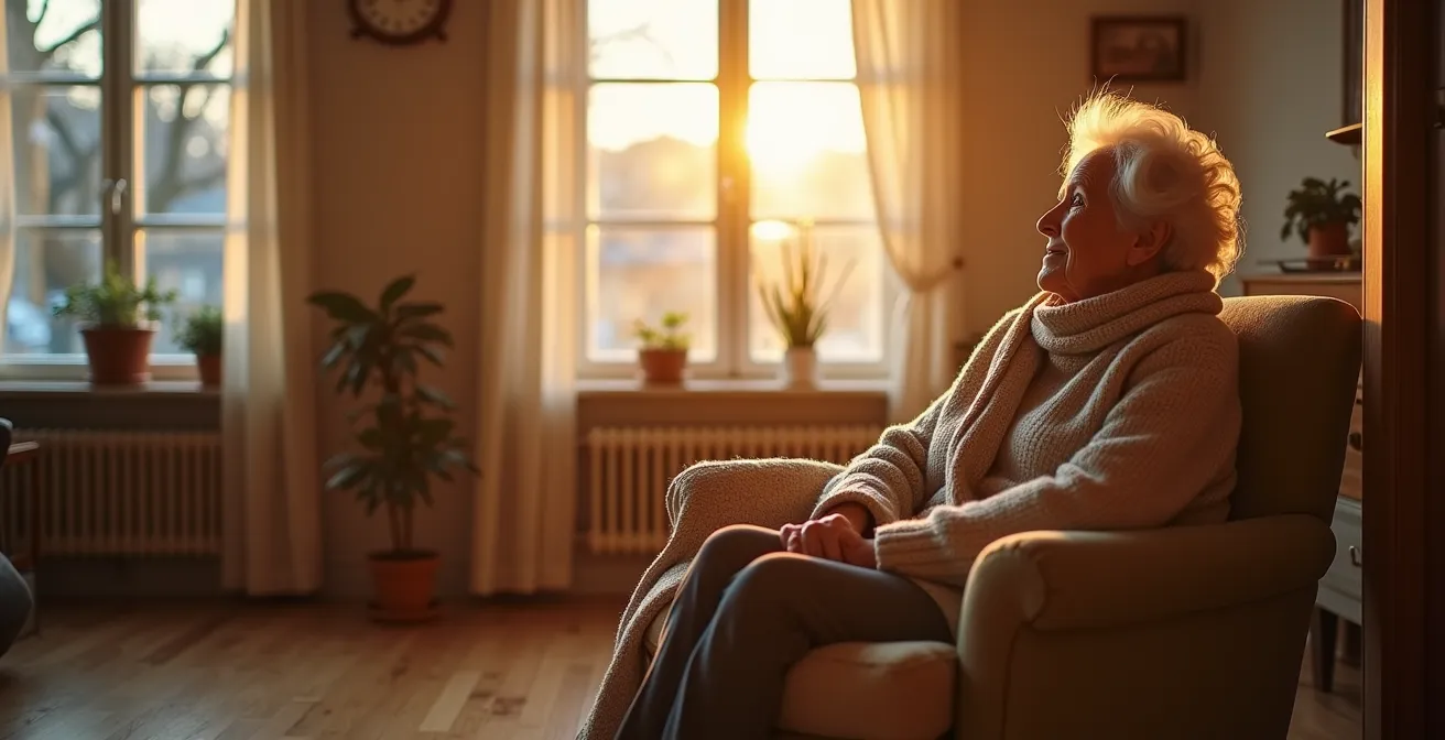 Elderly woman sitting comfortably in cozy living room with warm sunlight streaming through window