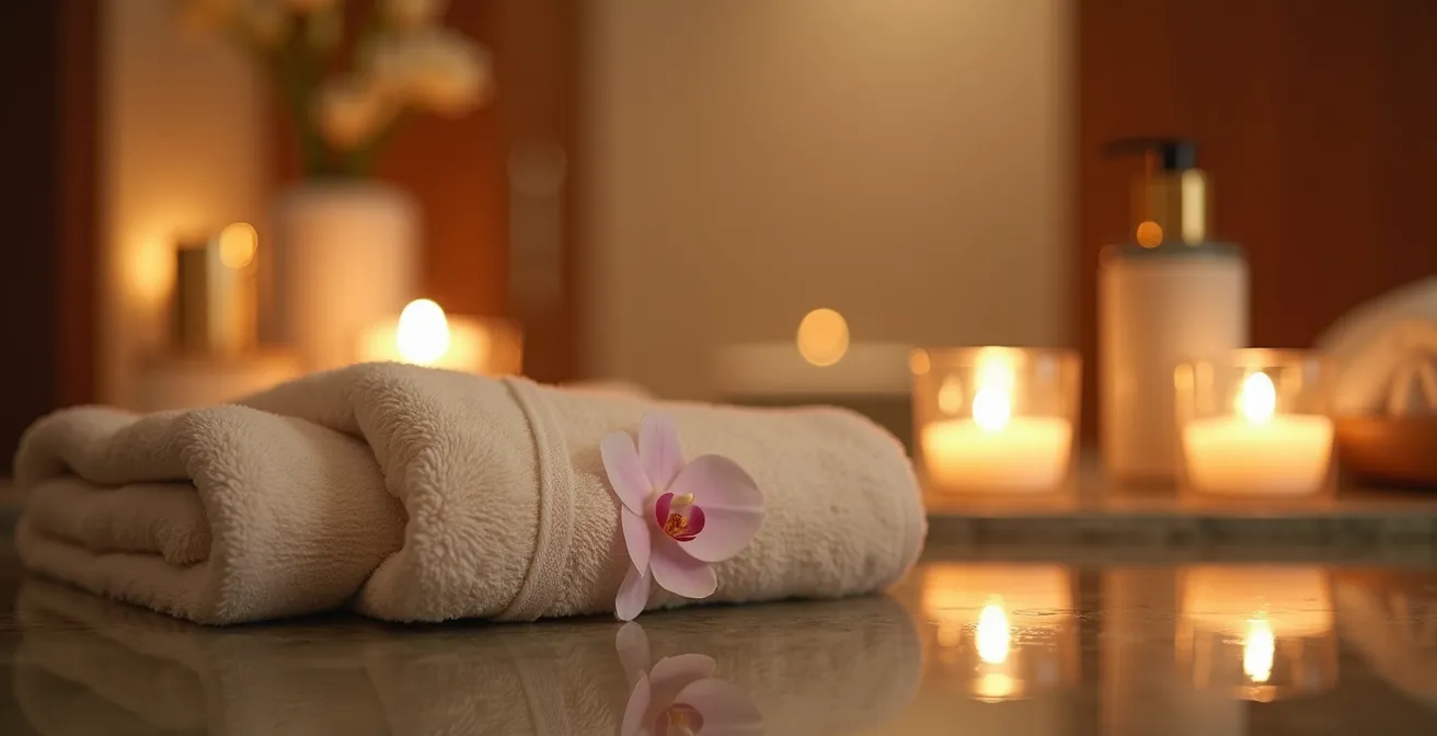 A tranquil spa-like bathroom setting with warm lighting and luxurious textures creating a peaceful atmosphere