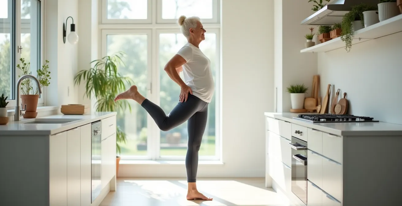 Three-stage visual guide showing the safe progression of the single leg stand exercise using a kitchen counter for support.