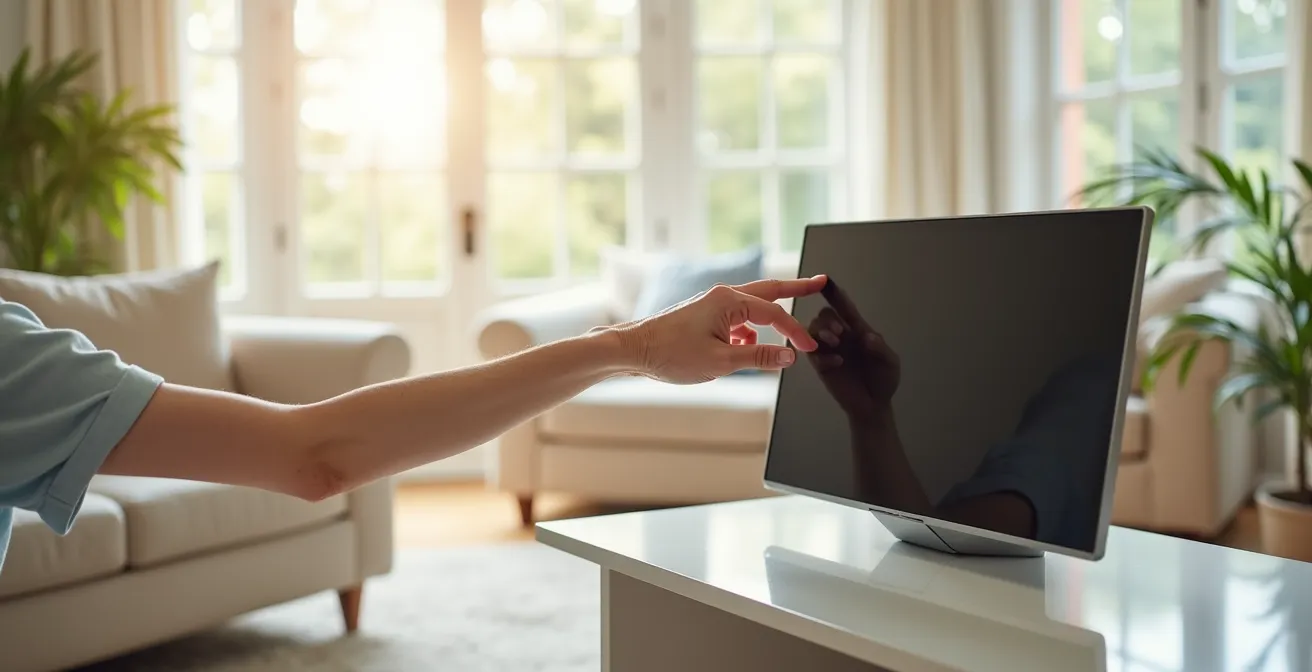 Hands adjusting physical privacy shutter on smart display device in home setting