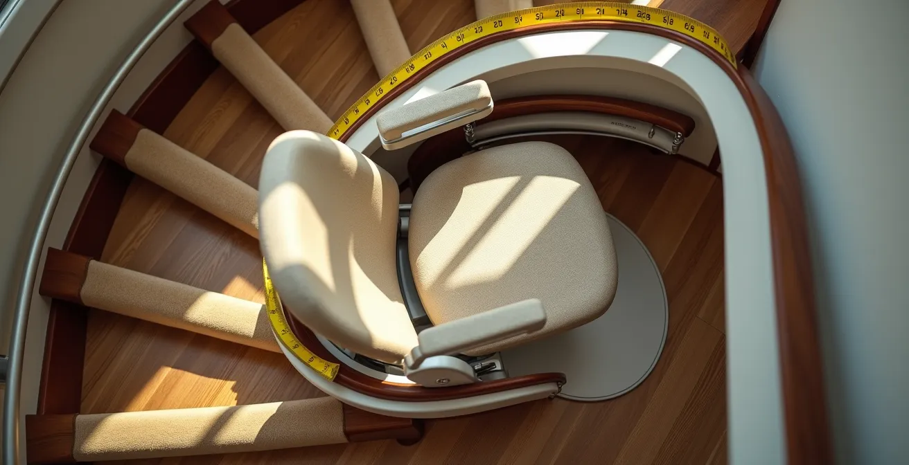 Technical demonstration of swivel seat mechanism navigating curved staircase turn
