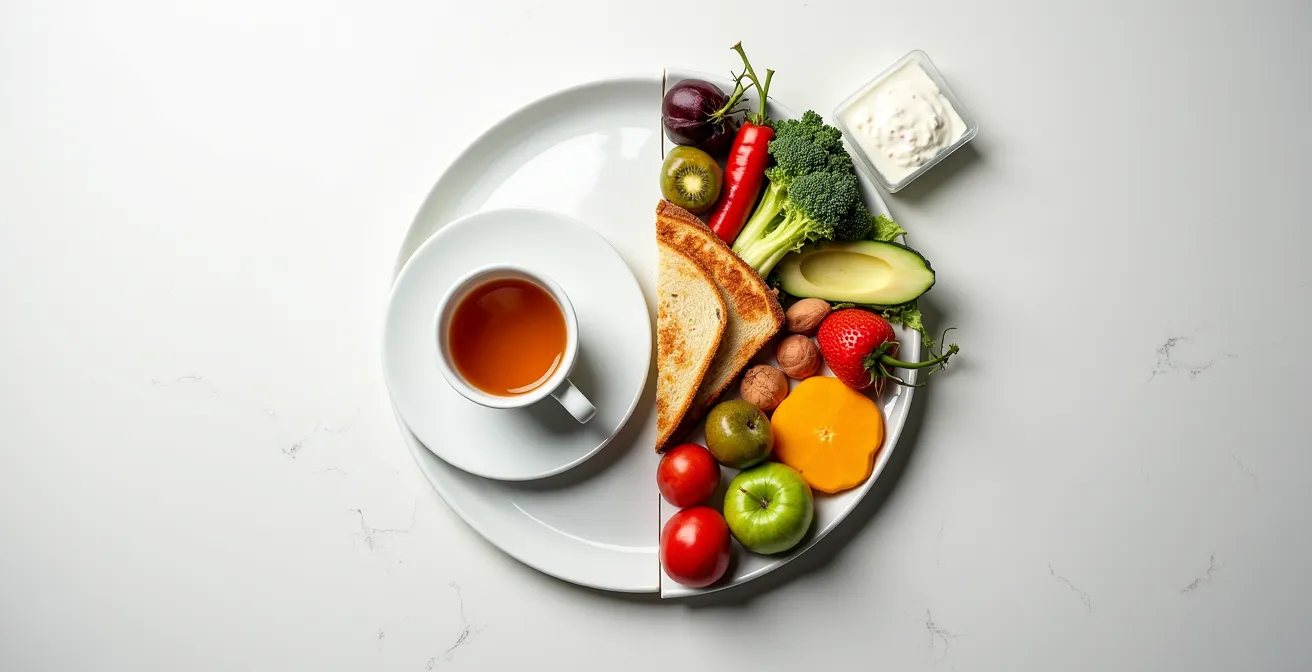 Minimalist composition showing sparse simple meal versus nutritious variety