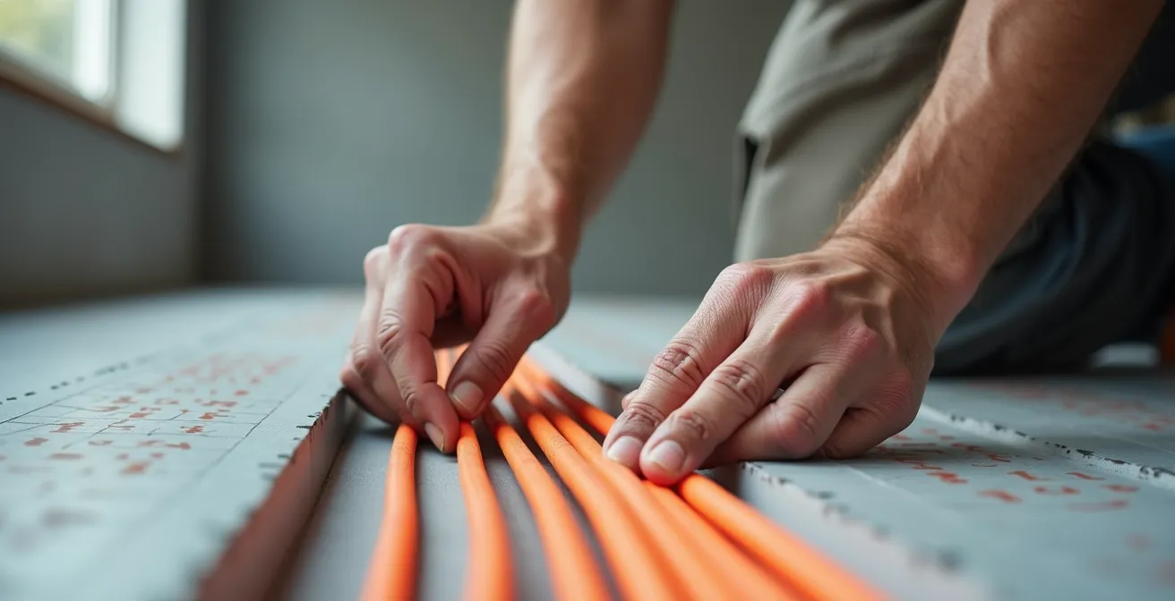 Installation of radiant floor heating system showing heating cables and waterproof membrane