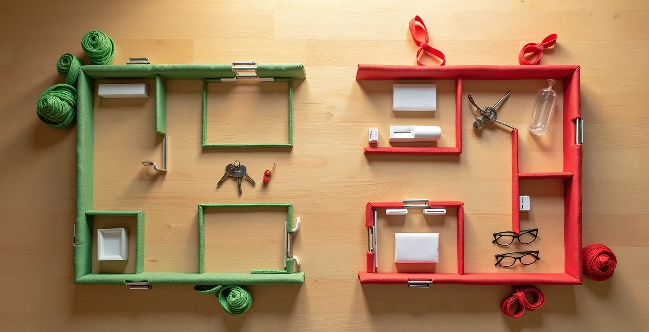 Bird's eye view floor plan with color-coded zones marking sacred items and cleaning boundaries