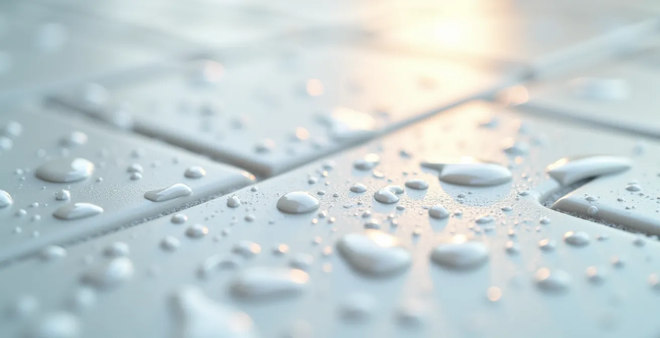 Water droplets beading on treated bathroom tile surface showing effective anti-slip coating