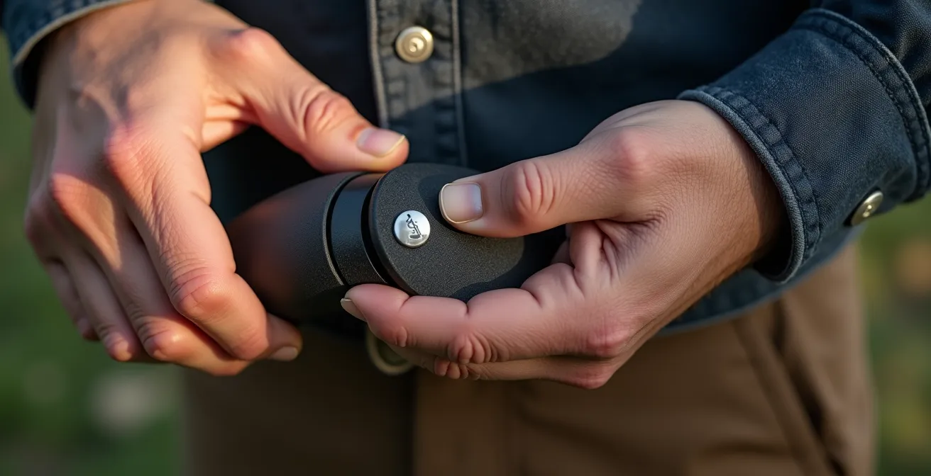 Close-up of hands using a weighted button hook with rubberized grip on an adaptive shirt