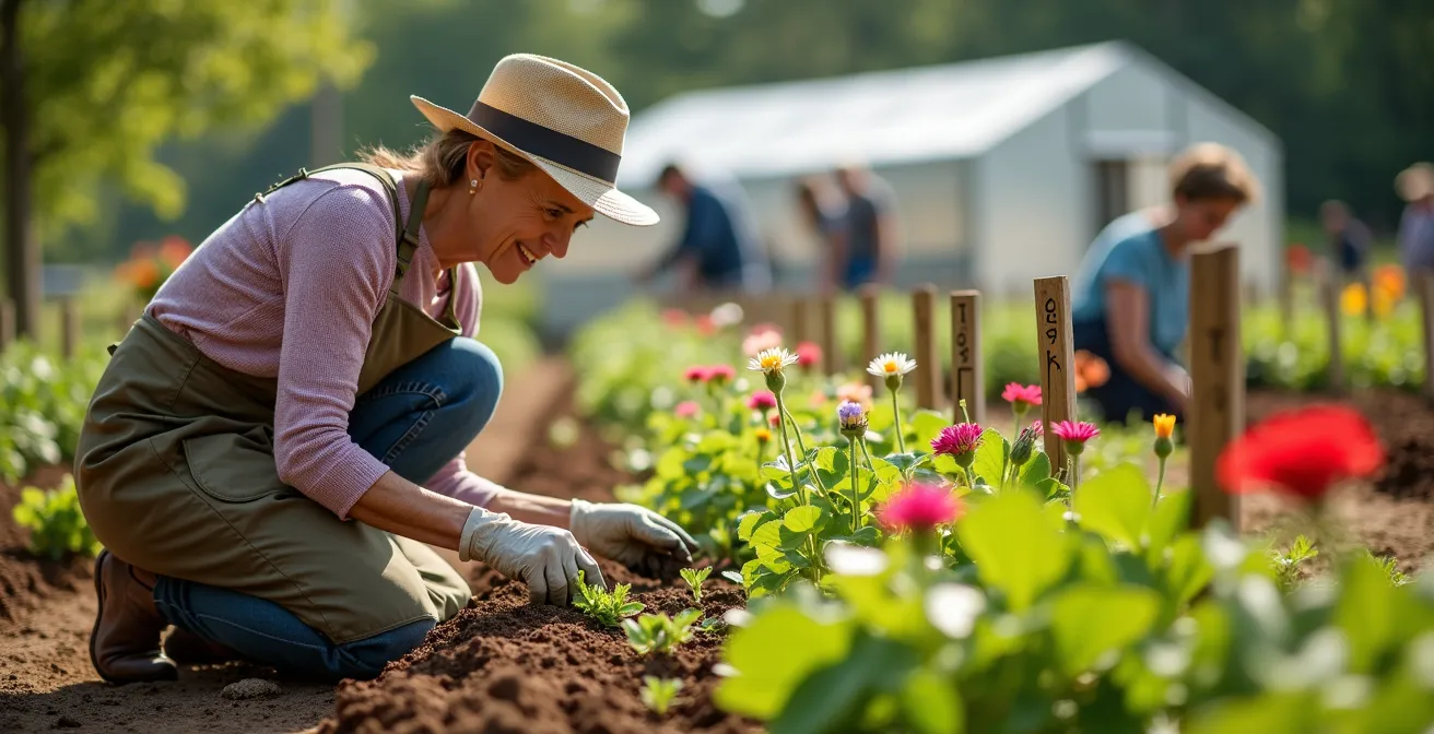 Senior woman tending to flowers in community garden with others working in background